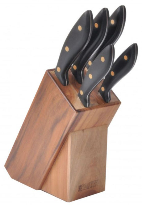 Wiltshire Brass Triple Rivet Knife Set with 6 premium stainless steel knives in elegant Acacia wood block for effortless food prep.