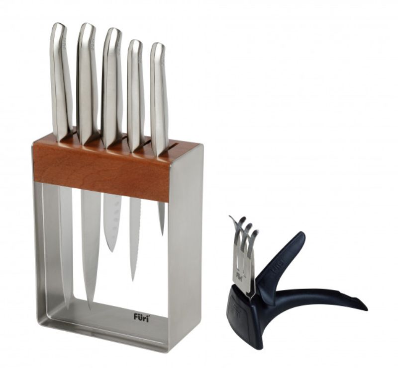 Furi Pro 7-Piece Stainless Steel Knife Block Set with high-performance blades and elegant teak storage for precision cooking.