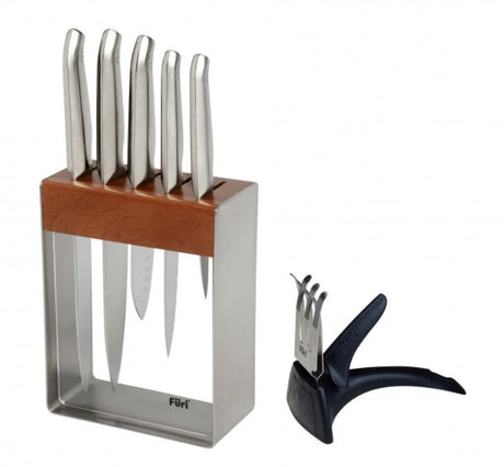 Furi Pro 7-Piece Stainless Steel Knife Block Set with high-performance blades and elegant teak storage for precision cooking.