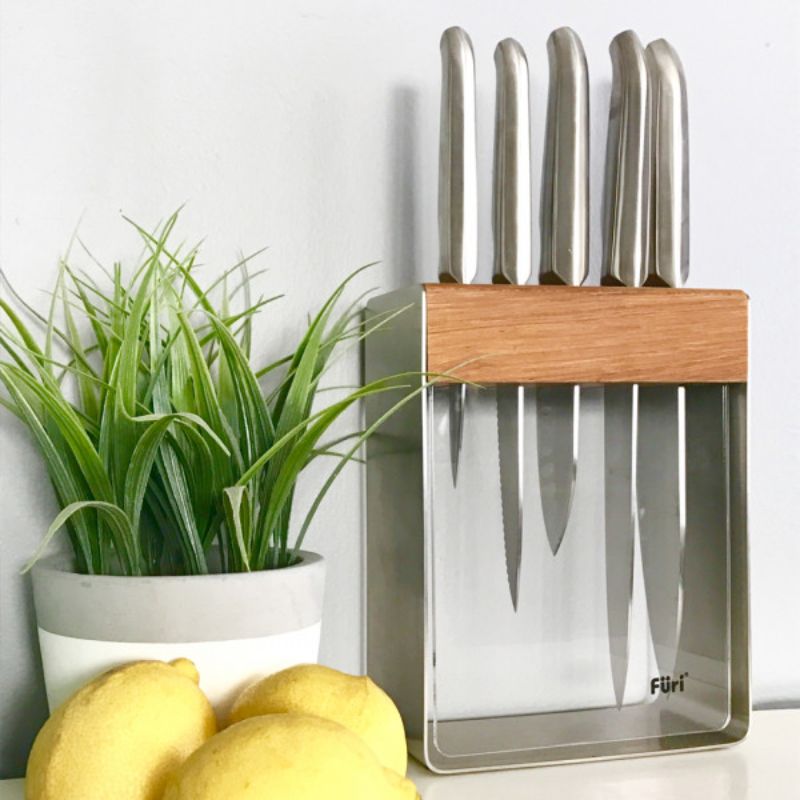 Furi Pro 7-Piece Stainless Steel Knife Set with elegant block, featuring high-performance blades and comfortable handles.