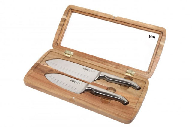 Furi Pro East/West Santoku Set: Two high-carbon stainless steel knives for precision chopping, elegantly presented in an acacia wood box.