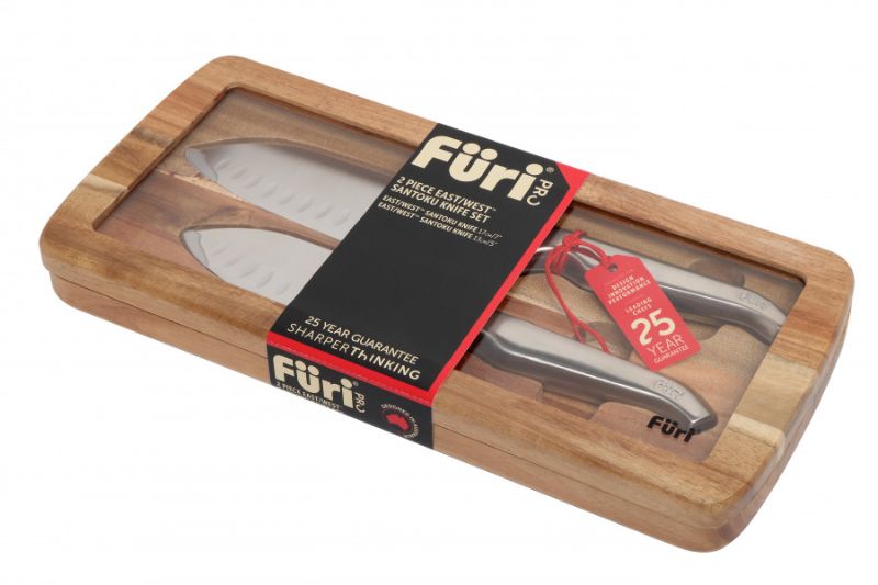 "Furi Pro East/West Santoku Set: 2 premium kitchen knives in a gift box, featuring high carbon steel blades and ergonomic handles."