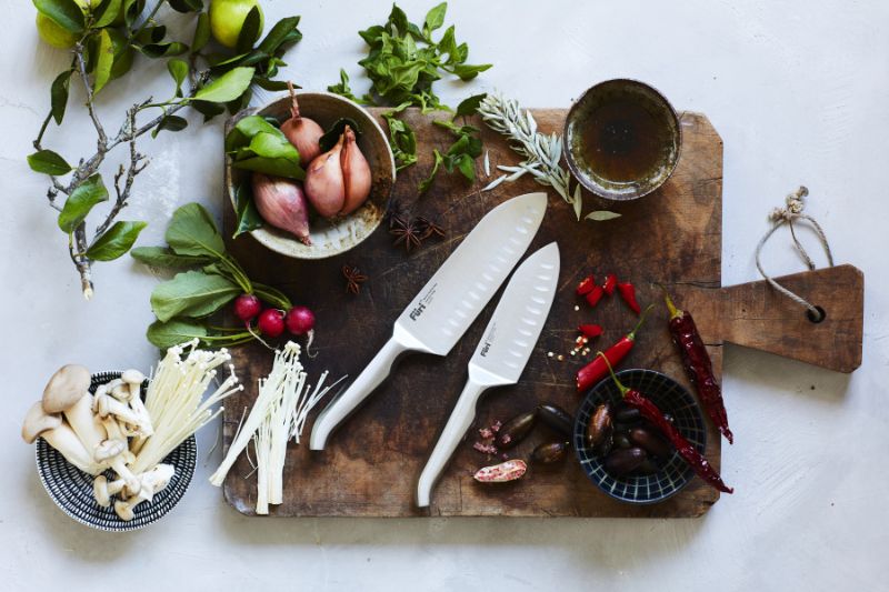 Furi Pro East/West Santoku Set: two high-carbon stainless knives in acacia wood box, ideal for precision chopping and slicing.