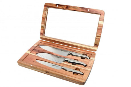 High-quality 3-piece knife set in an elegant acacia gift box, featuring a Cook's, Santoku, and Utility knife with secure handles.