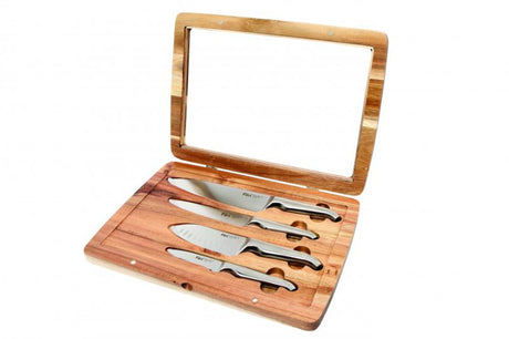 Furi Pro Acacia 4-piece knife set featuring high-carbon stainless steel blades and elegant acacia wood gift box.