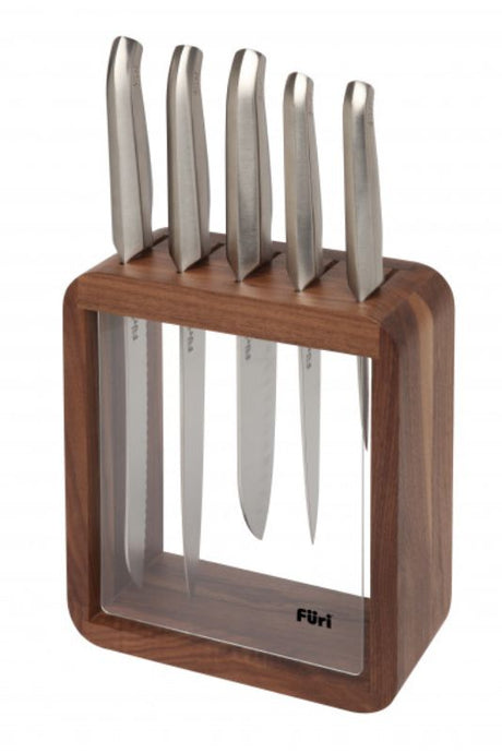 Furi Pro Vault 6 Piece Knife Block Set in black walnut wood with acrylic panel, featuring high carbon stainless steel knives.