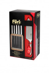 Furi Pro Vault Knife Block Set featuring 6 premium knives in a stylish walnut block with acrylic panel for safe storage.