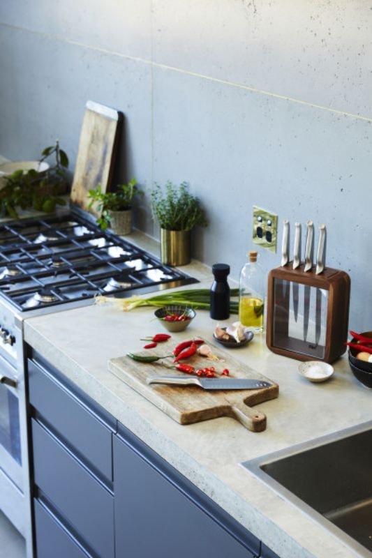 Furi Pro Vault Knife Block Set with black walnut design, featuring 6 high-quality knives and a sleek acrylic panel for safety.