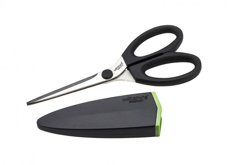 Ergonomic Wiltshire Staysharp Scissors with self-sharpening system, ideal for diverse kitchen tasks and easy storage.