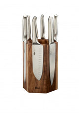 Furi Pro Magnetic Hexagonal Knife Block in acacia wood holds up to 12 knives, combining style with secure, accessible storage.