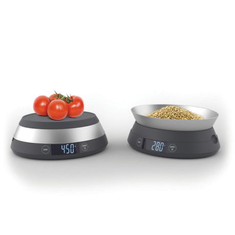 Joseph Joseph Switch Scale in Grey, a versatile digital scale with measuring bowl, back-lit display, and add-and-weigh function.