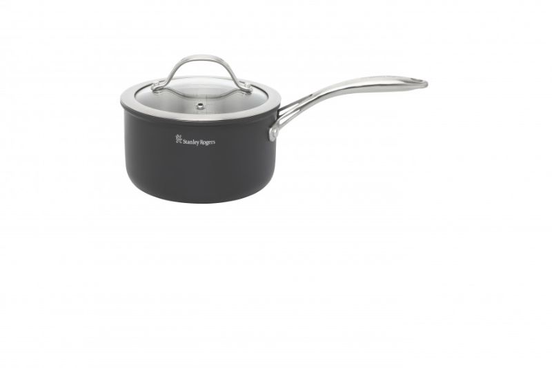 Stanley Rogers BI-PLY 16cm saucepan with cool-touch handles, glass lid, and durable hard anodised design for versatile cooking.