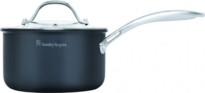 Stanley Rogers 16cm BI-PLY saucepan with hard anodised exterior, stainless steel interior, glass lid, and cool-touch handles.