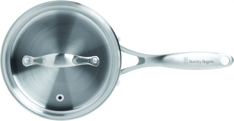 Stanley Rogers 16cm BI-PLY saucepan with hard anodised exterior, stainless steel interior, cool-touch handles, and glass lid.