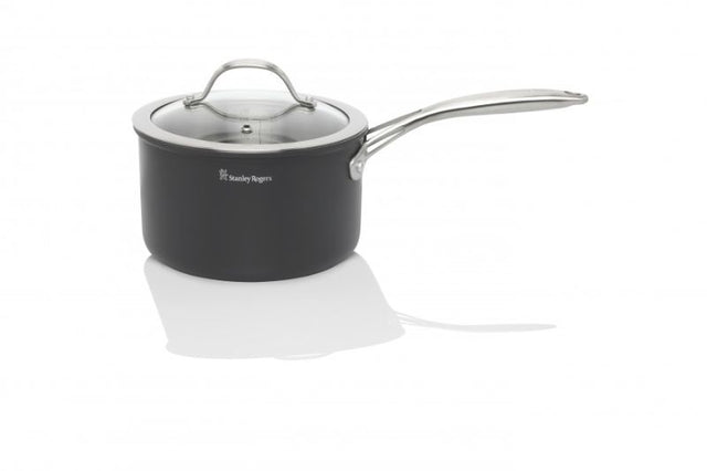 Stanley Rogers 18cm saucepan with a durable hard anodized exterior, stainless steel interior, glass lid, and cool touch handles.