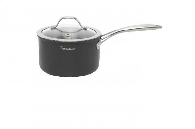 Stanley Rogers 18cm BI-PLY saucepan with cool-touch handle and glass lid, ideal for sauces and small meals.