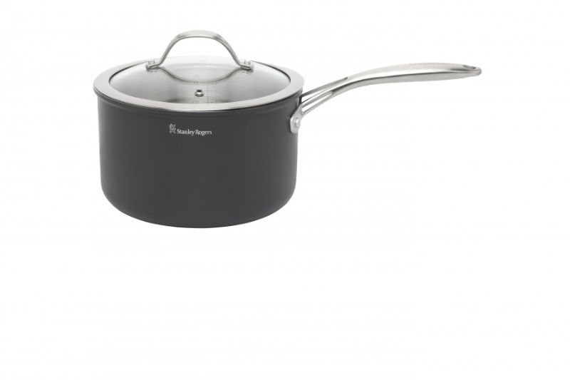 Stanley Rogers 20cm BI-PLY Professional Saucepan with hard anodized exterior, stainless steel interior, glass lid, and Cool Touch handles.