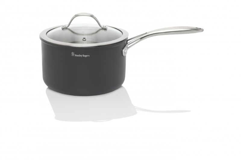 Stanley Rogers 20cm BI-PLY saucepan with durable anodised exterior, stainless steel interior, and tempered glass lid.