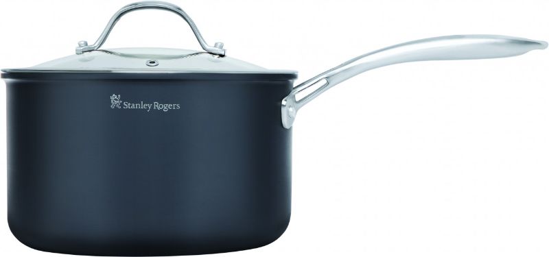 Stanley Rogers BI-PLY saucepan, 20cm/3.0L, features hard anodised aluminum, stainless steel interior, Cool Touch handles, and glass lid.