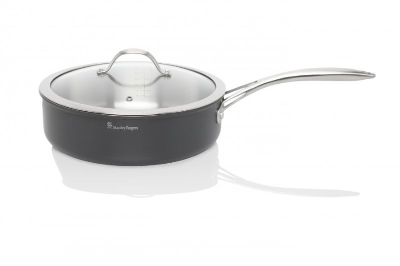 Stanley Rogers 26cm BI-PLY sauté pan with hard anodized aluminum, stainless steel interior, glass lid, and cool touch handles.