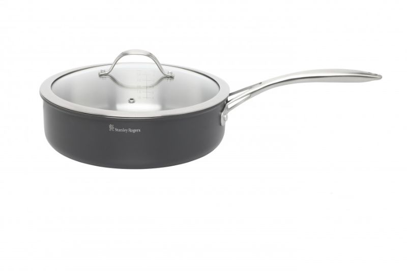 Stanley Rogers 26cm BI-PLY sauté pan with hard anodized exterior, stainless steel interior, Cool Touch handles, and glass lid.