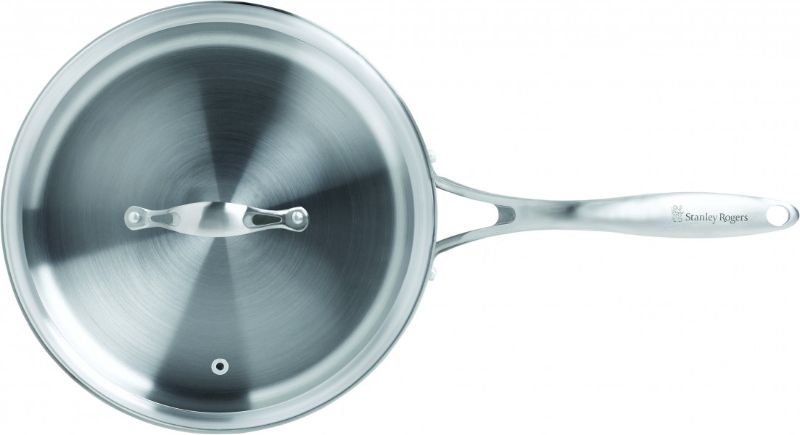 Stanley Rogers 26cm BI-PLY sauté pan with hard anodised exterior and stainless steel interior, featuring Cool Touch handles and glass lid.