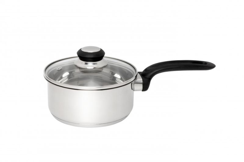 Premium 16cm stainless steel saucepan with integrated spoon rest and toughened glass lid for efficient cooking.