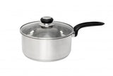 Stainless steel 20cm saucepan with ergonomic handle, glass lid, and aluminum base for even heat, suitable for all cooktops.