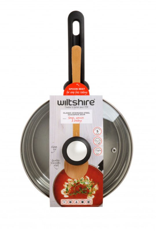 Wiltshire 20cm Classic Saucepan with stainless steel, aluminum base, built-in spoon rest, and toughened glass lid.