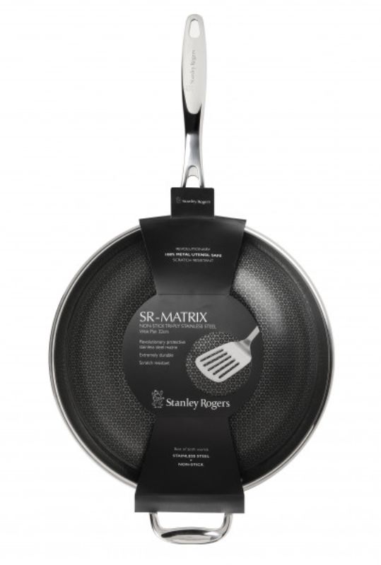 Stanley Rogers 32cm stainless steel wok pan with triple-ply construction, non-stick surface, and cool-touch handle.