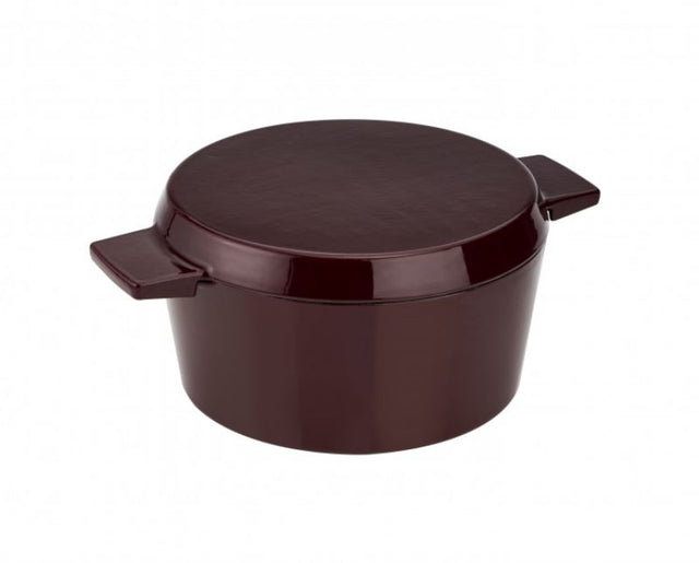 Stanley Rogers 28cm Cast Iron French Oven in Bordeaux, featuring a dual-purpose lid, easy-release enamel surface, and wide handles.