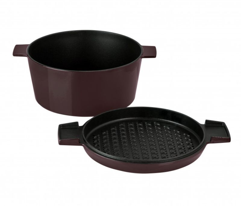 Elegant 28cm Bordeaux cast iron French oven with durable enamel finish, dual-purpose lid, and wide handles for easy portability.