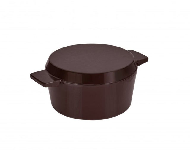 Stanley Rogers 24cm Cast Iron French Oven in bold Bordeaux color with dual-purpose lid and ergonomic handles for versatile cooking.