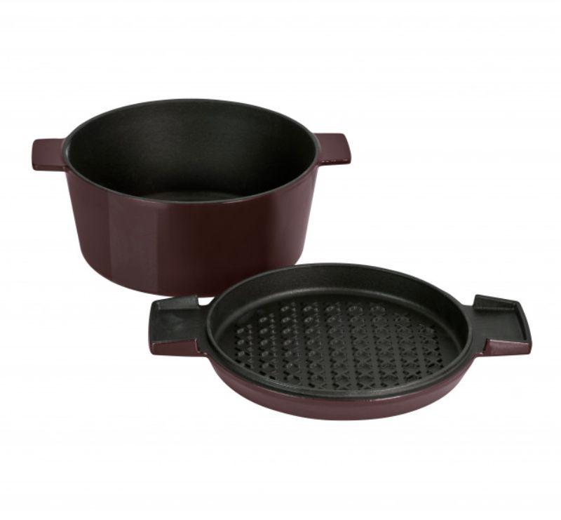 Stanley Rogers Bordeaux Cast Iron French Oven, 24cm, featuring a vibrant design, dual-purpose lid, and excellent heat retention.