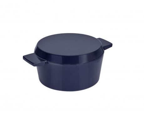 Mid blue 24cm cast iron French oven with grill pan lid, featuring durable enamel and wide handles for easy portability.