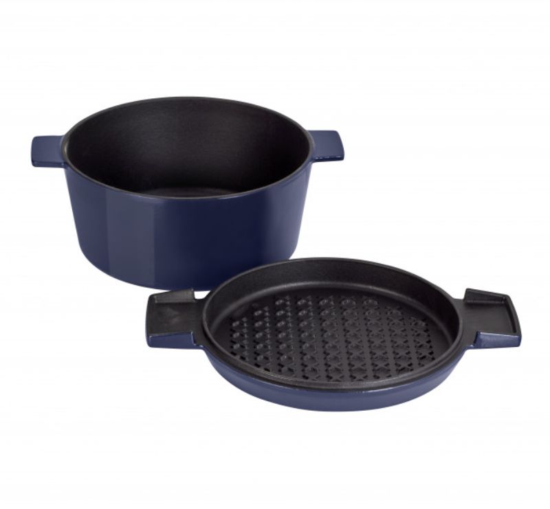 Stanley Rogers 24cm Mid Blue Cast Iron French Oven with grill lid, perfect for even cooking and stylish kitchen display.