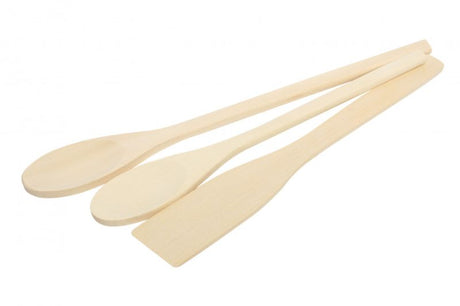 Classic wooden utensil set of 3, crafted from pine, ideal for non-stick cookware and mixing, with varying handle lengths.