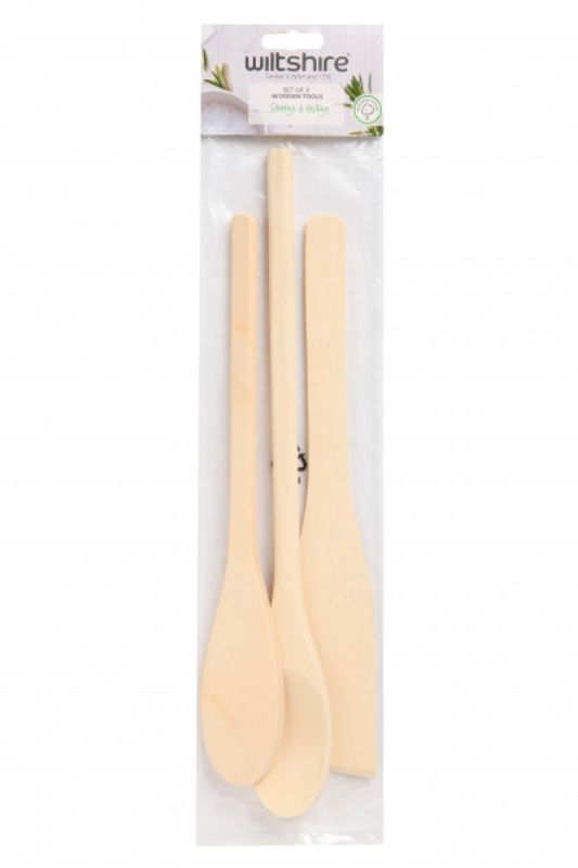 Set of 3 elegant pine cooking utensils with varying handle lengths, ideal for non-stick cookware and mixing, hand wash only.