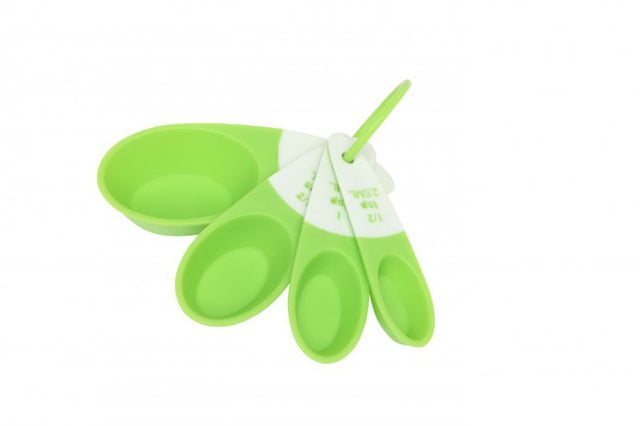 Set of four durable plastic measuring spoons in Australian metric sizes, dishwasher safe for easy cleanup.