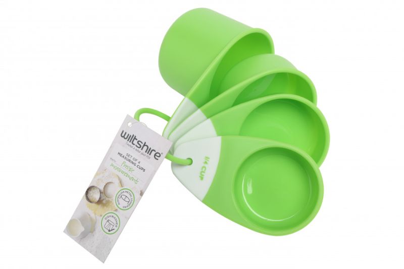 Set of four durable, dishwasher-safe measuring cups in Australian metric sizes for precise cooking and baking measurements.