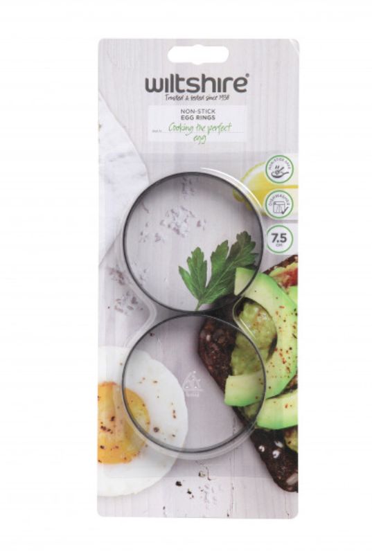 Non-stick Wiltshire Classic Egg Rings for perfectly shaped eggs, ideal for frypans and BBQ, dishwasher safe, set of 2.