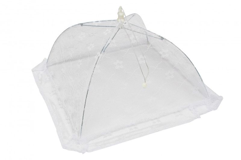 Durable mesh food cover measuring 34cm, designed to keep insects away from outdoor meals while easily folding for storage.