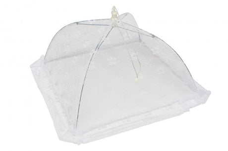 Durable mesh food cover measuring 34cm, designed to keep insects away from outdoor meals while easily folding for storage.