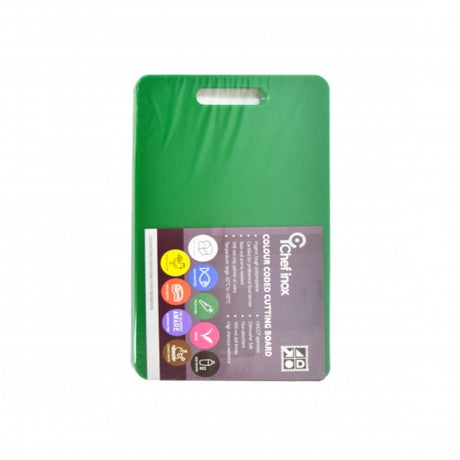 Vibrant green polypropylene cutting board, 230x380x12 mm, ideal for hygienic food prep and knife safety, dishwasher safe.