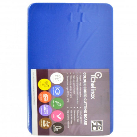 Blue polypropylene cutting board by Chef Inox, 380x510x12 mm, HACCP accredited, durable, hygienic, and knife-friendly.