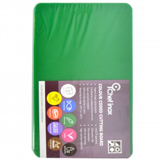 Green polypropylene utility cutting board measuring 380x510x12 mm, ideal for hygienic food preparation and easy maintenance.