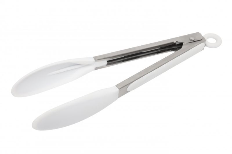 Wiltshire 23cm silicone tongs in white with stainless steel, soft grip handle, and locking mechanism for easy storage.