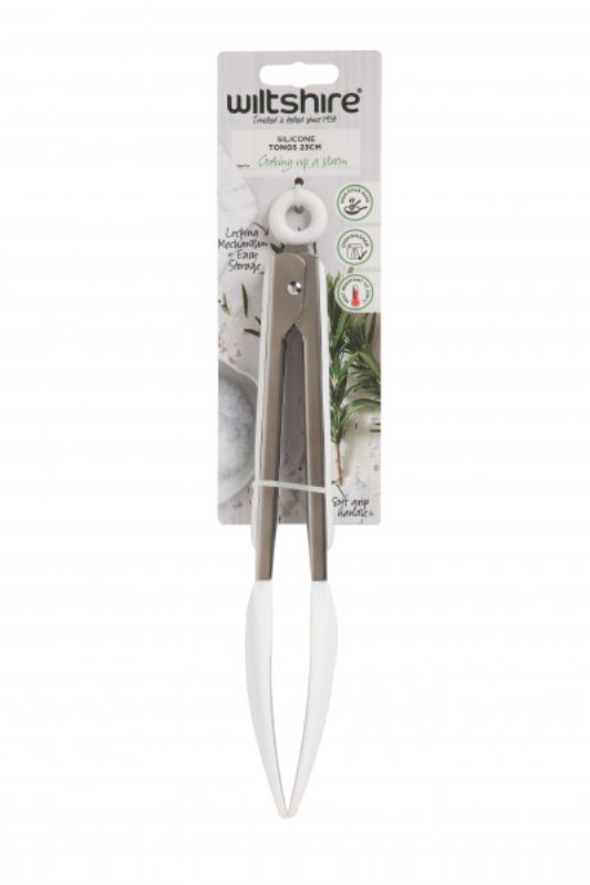 Wiltshire Silicone Tongs in white, 23cm, featuring heat-resistant silicone and stainless steel for non-stick cookware use.