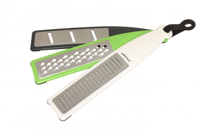 Wiltshire Grater Set 3 with three interchangeable blades in vibrant colors for effortless grating and slicing fresh ingredients.