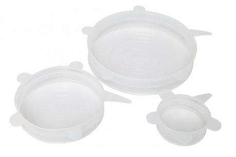 Transparent silicone bowl covers in three sizes, perfect for eco-friendly food storage and preventing spills.